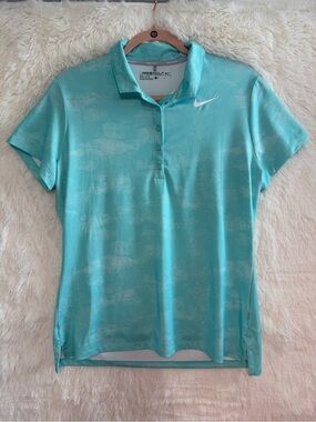 Nike Womens Golf Dri-Fit Polo Shirt L Teal White Dot Logo Short Sleeve Sporty